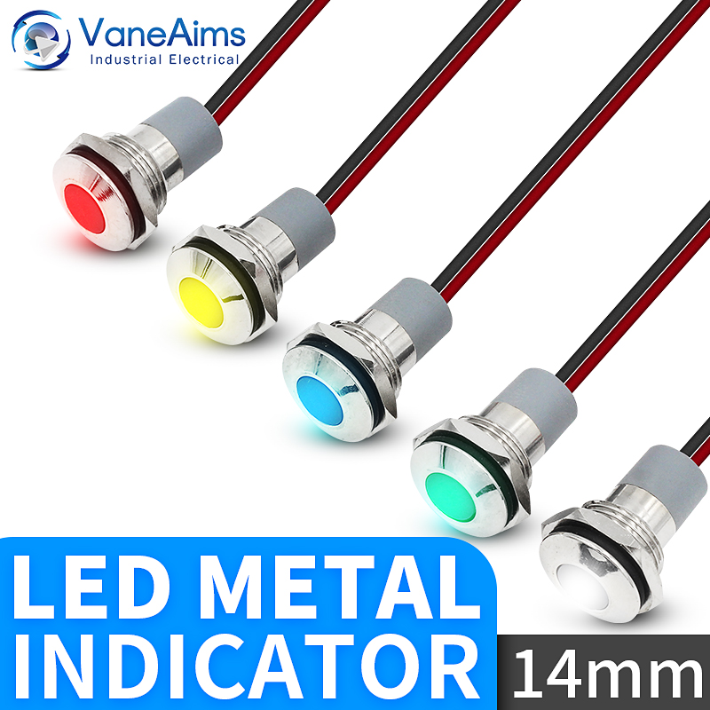 VaneAims 14mm étanche métal indicateur LED câblage puissance Signal lampe 3V 6V 12V 24V 220V rouge vert jaune blanc bleu