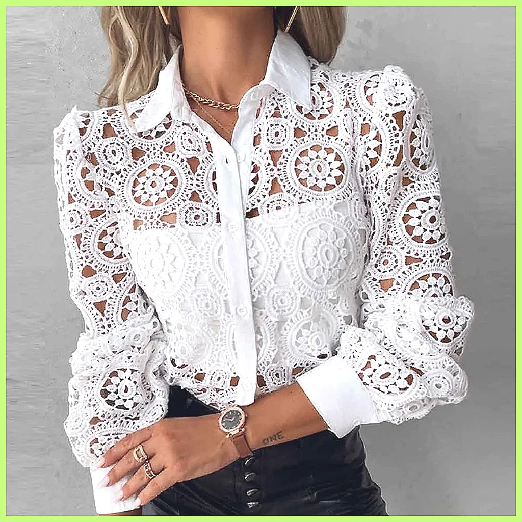Camisa Blanca de Encaje para Mujer 2025, Blusa Elegante Vintage con Aberturas y Manga Larga
