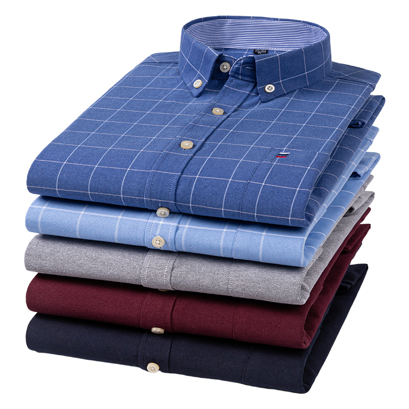 Camisas Oxford de algodón 100% para hombre, camisa de vestir Formal de ajuste Regular suave a cuadros de manga larga, blusa Social con bolsillo, ropa masculina S-7XL