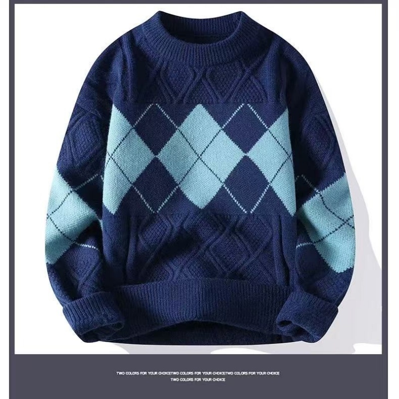 Herrenpullover für Herbst und Winter, warmer Strickpullover, trendiger, übergroßer Pullover mit Rautengitterbasis