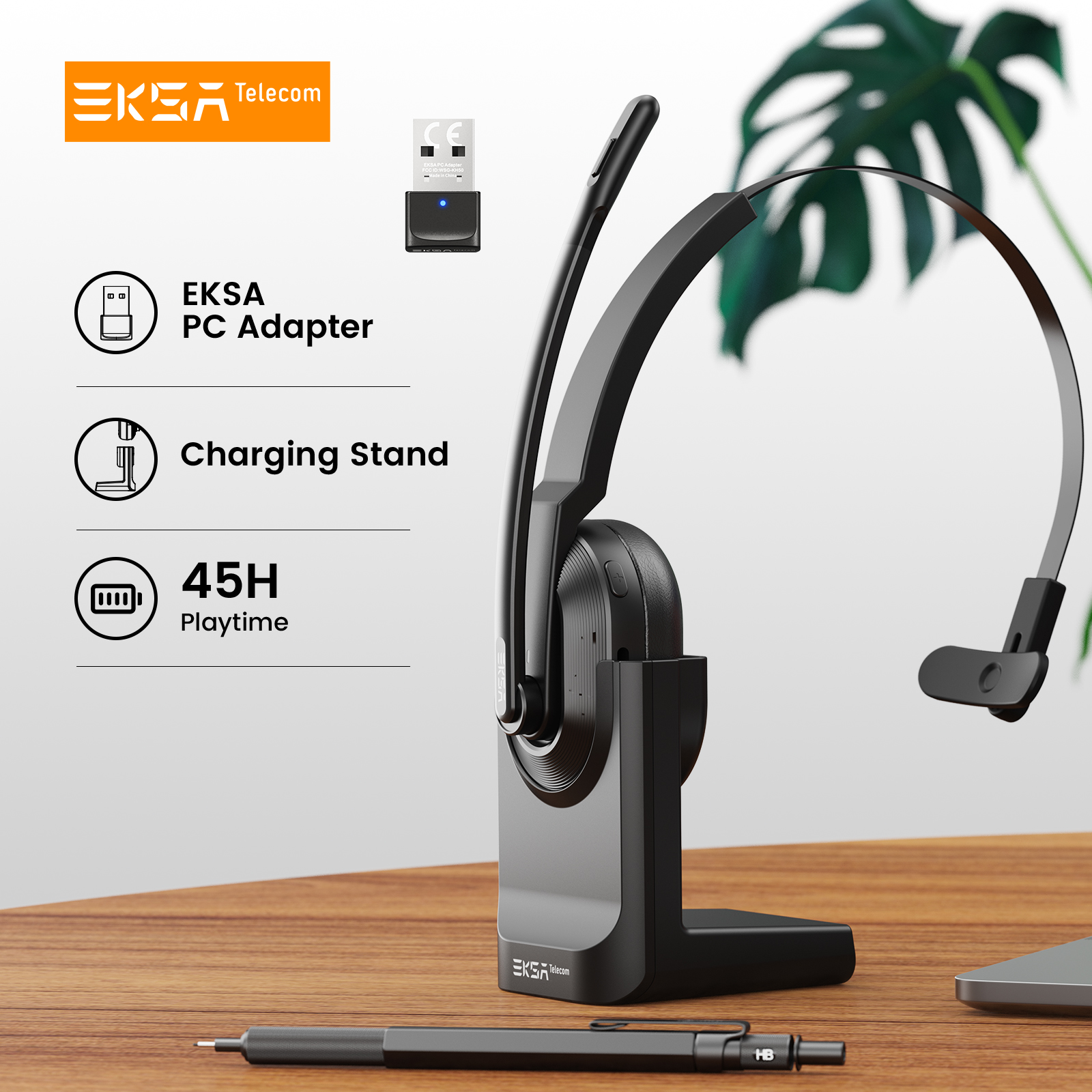 Eksa-h5 – casques d'écoute Bluetooth 5.0, écouteurs sans fil pour PC, 2 micros, ENC, avec Dongle USB de Base de chargement pour le bureau