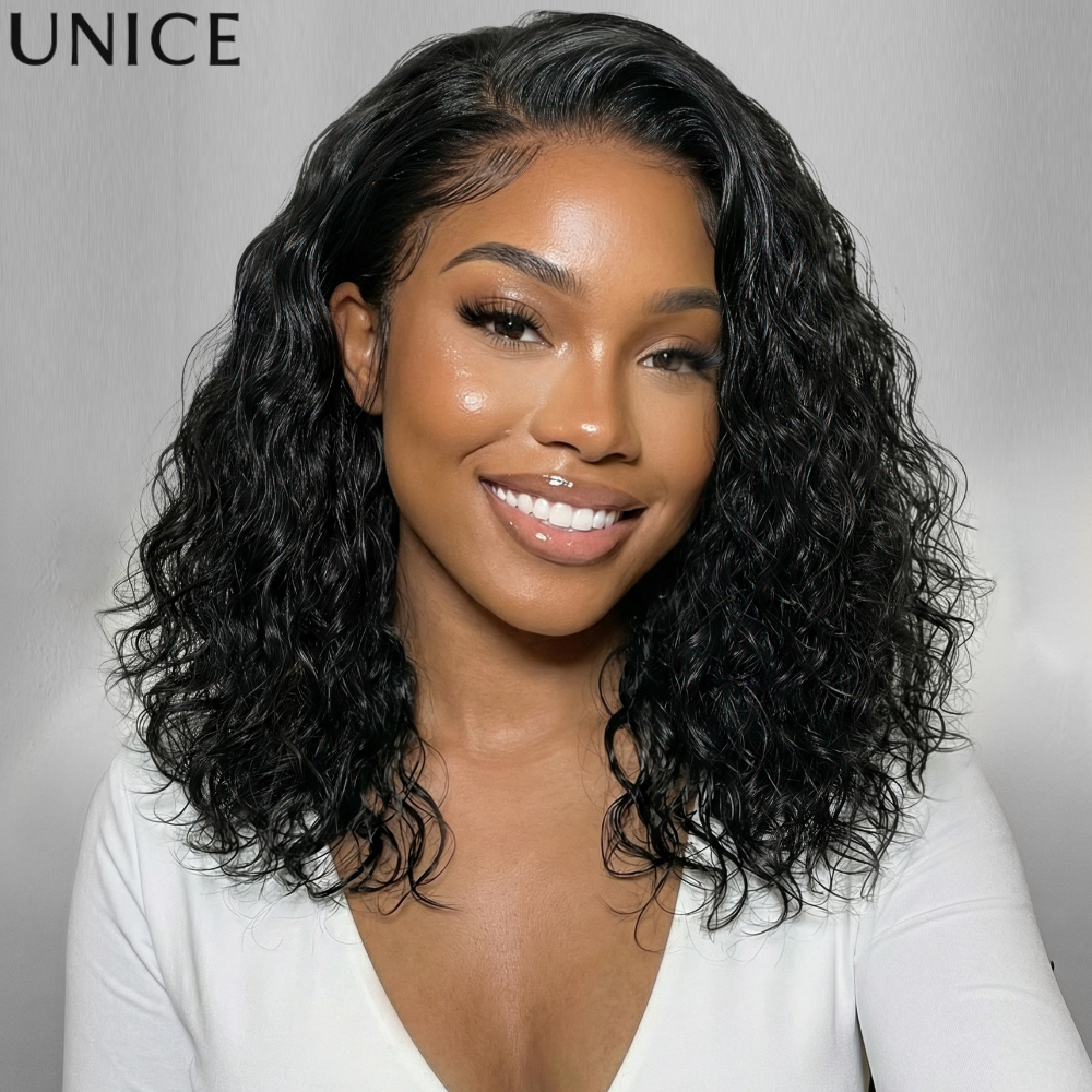 UNice Bye-Bye Slip ™   Peruca Bob Ondulada Solta Minimalista 6X4 com Renda e Repartição Lateral em 'C', 220% de Densidade, Cabelo Humano, Sem Cola