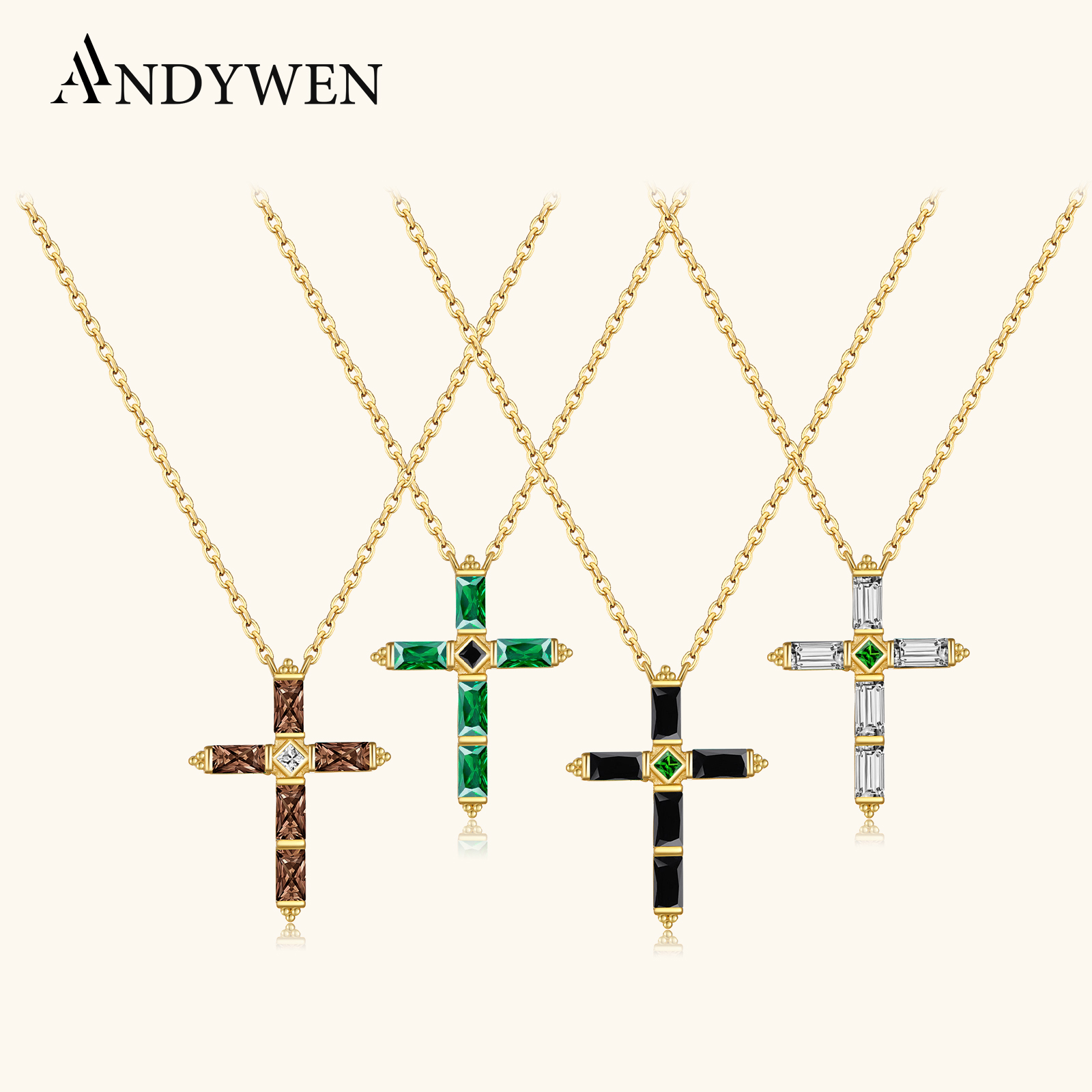 ANDYWEN-Collar de plata de ley 925 con colgante de cruz, cadena larga, joyería fina, Corto, Doris, Verde, Rosa, Rock, Punk, Oro