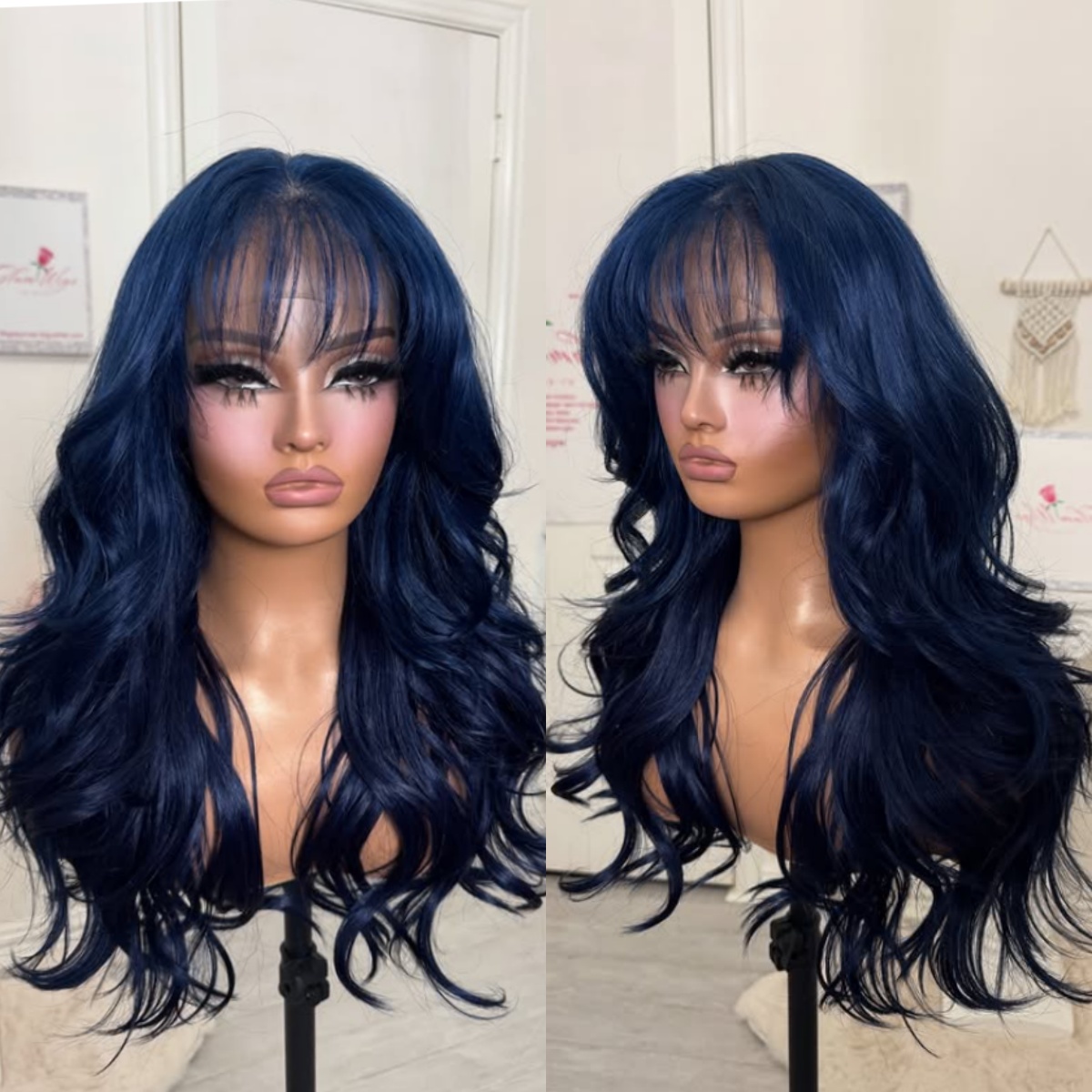 Dunkelblaue Body Wave Lace Front Perücke mit Pony 13x4 HD Lace Frontal Perücke für Frauen Synthetische Hochwertige Tägliche Cosplay-Perücke