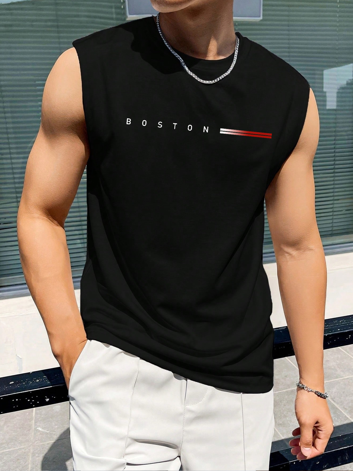100 cotton BOSTON Men's summer fashionable casual sports loose printed comfortable and breathable round neck sleeveless vest