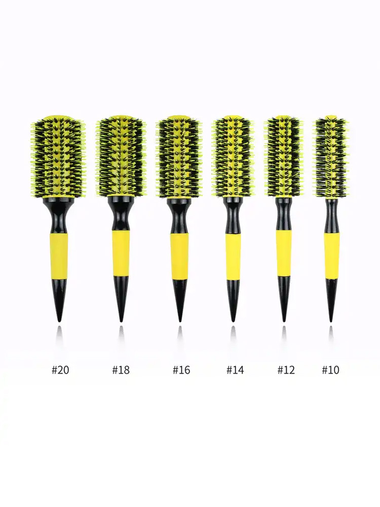 Professional รอบแปรงผมไม้ 6 ขนาด Boar Bristle ผสมไนลอน Salon ผู้หญิงผมจัดแต่งทรงผมเครื่องมือสีเหลืองบราซิลผม Curlerl