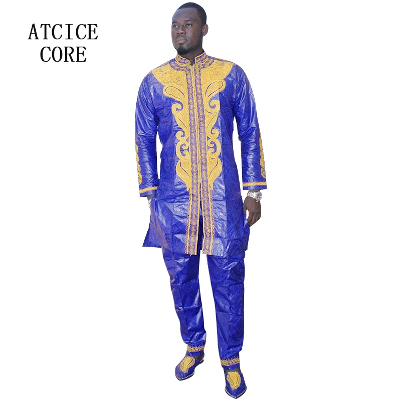 Homme africain mode Bazin Riche broderie Design haut long avec pantalon sans chaussures