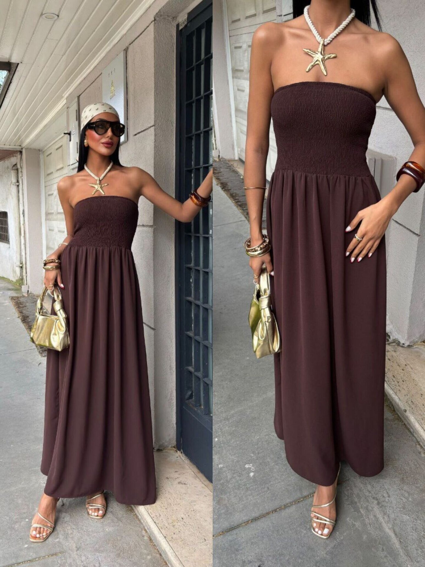 Nouvelle Robe Longue Été 2026 Tendance Couleur Unie Épaules Dénudées Sans Bretelles Taille Cintrée pour Femme