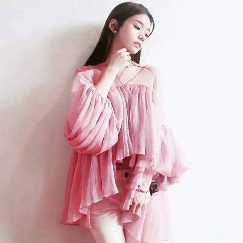Lente Zomer V-Hals Roze Chiffon Shirts Losse Zoete Tweedelige Geplooide Blouses Onregelmatige Lantaarn Mouw Crop Tops Blusas Mujer