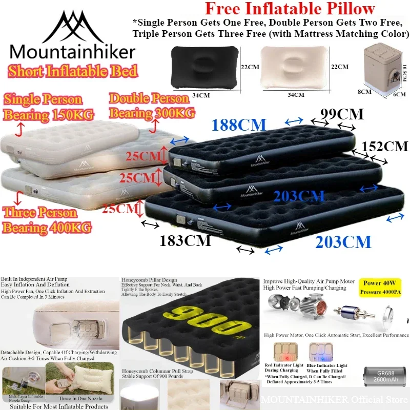 MOUNTAINHIKER Self-inflating Mattress 25cm Air Mattress Ultralight Waterproof Camping Mat 1 2 3 Person Travel Glamp Sleeping Pad