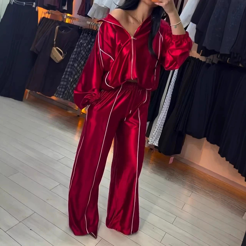 Damen Freizeit-Sportbekleidung mit langen Ärmeln, elegantes, kontrastfarbenes, lockeres 2-teiliges Set, modischer Cardigan-Mantel mit Reißverschluss und langer Hosenanzug