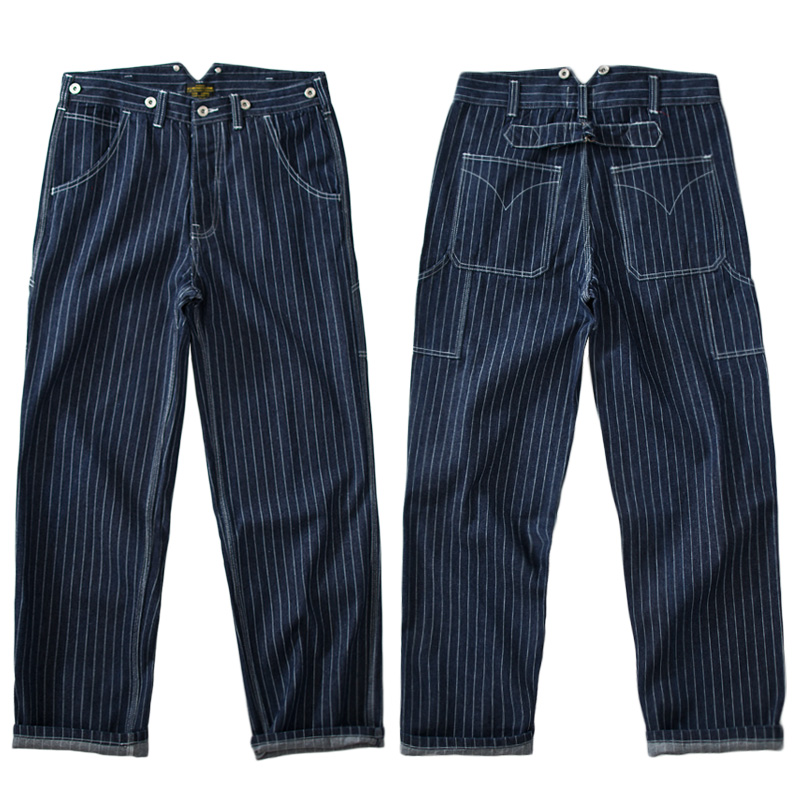 13.5oz Paris BUCKLE วินเทจแนวตั้งลายทางดิบสีฟ้า celana JEANS DENIM ผู้ชาย kameji ขากว้างหลวมตรง celana setelan หล่อ