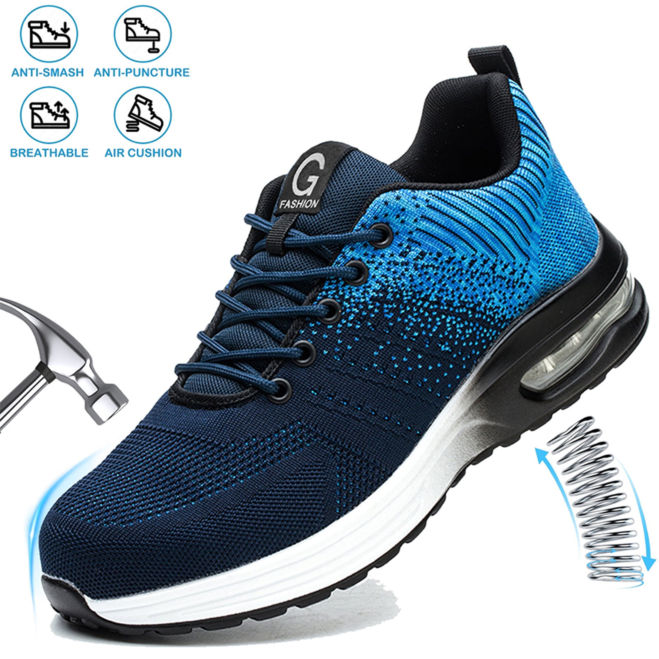 Sapatos de trabalho de dedo do pé de aço para homens mulheres anti-esmagamento anti-punctura azul sapatos de segurança respirável leve almofada de ar sapatos de trabalho