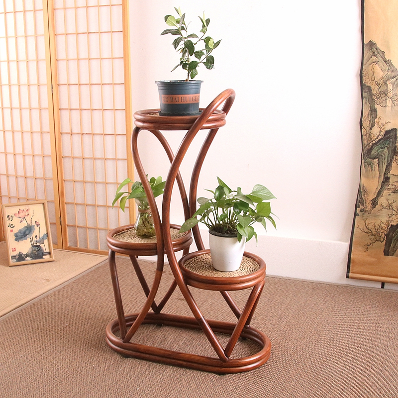 Rotan vloer plantenstandaard meerlaagse binnen-/buitenplank voor balkon en woonkamer Boho geweven bloemenhouder met opbergruimte