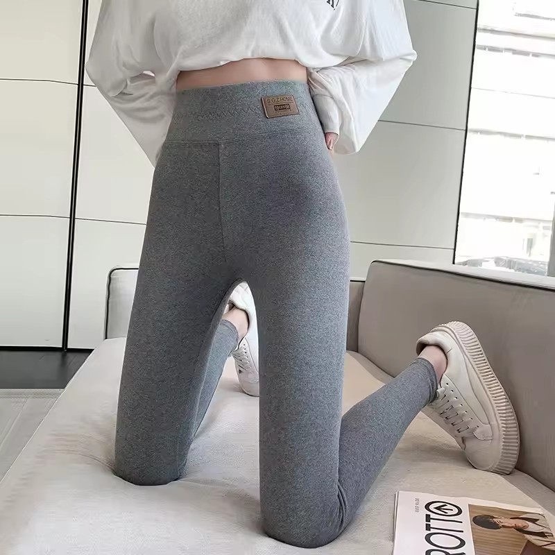 Pantalones inferiores de algodón gris para mujer, ropa exterior ajustada con estampado de cintura alta, pantalones de otoño de talla grande suaves