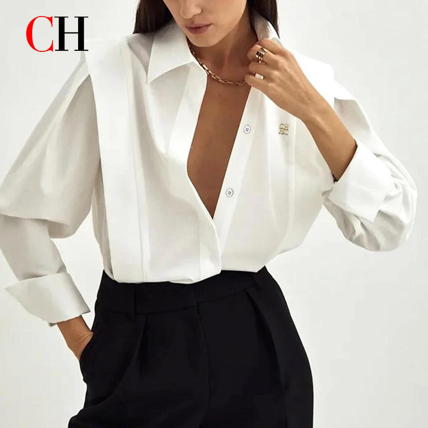 Camisa de Mujer CH con Logotipo Bordado, Manga Larga, Hombros Estructurados, Blusa de Oficina, Top con Botones a la Moda