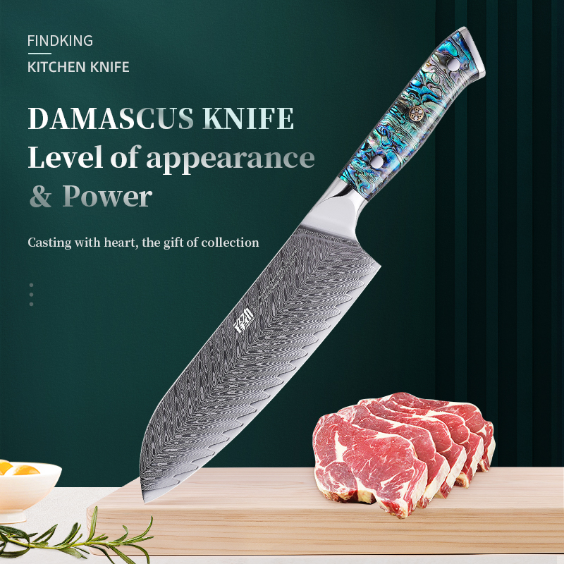 FINDKING Seri Cantik 67 Lapisan Baja Damaskus 7 Inci Pisau Santoku Pegangan Cangkang Abalon Pisau Koki Dapur Jepang