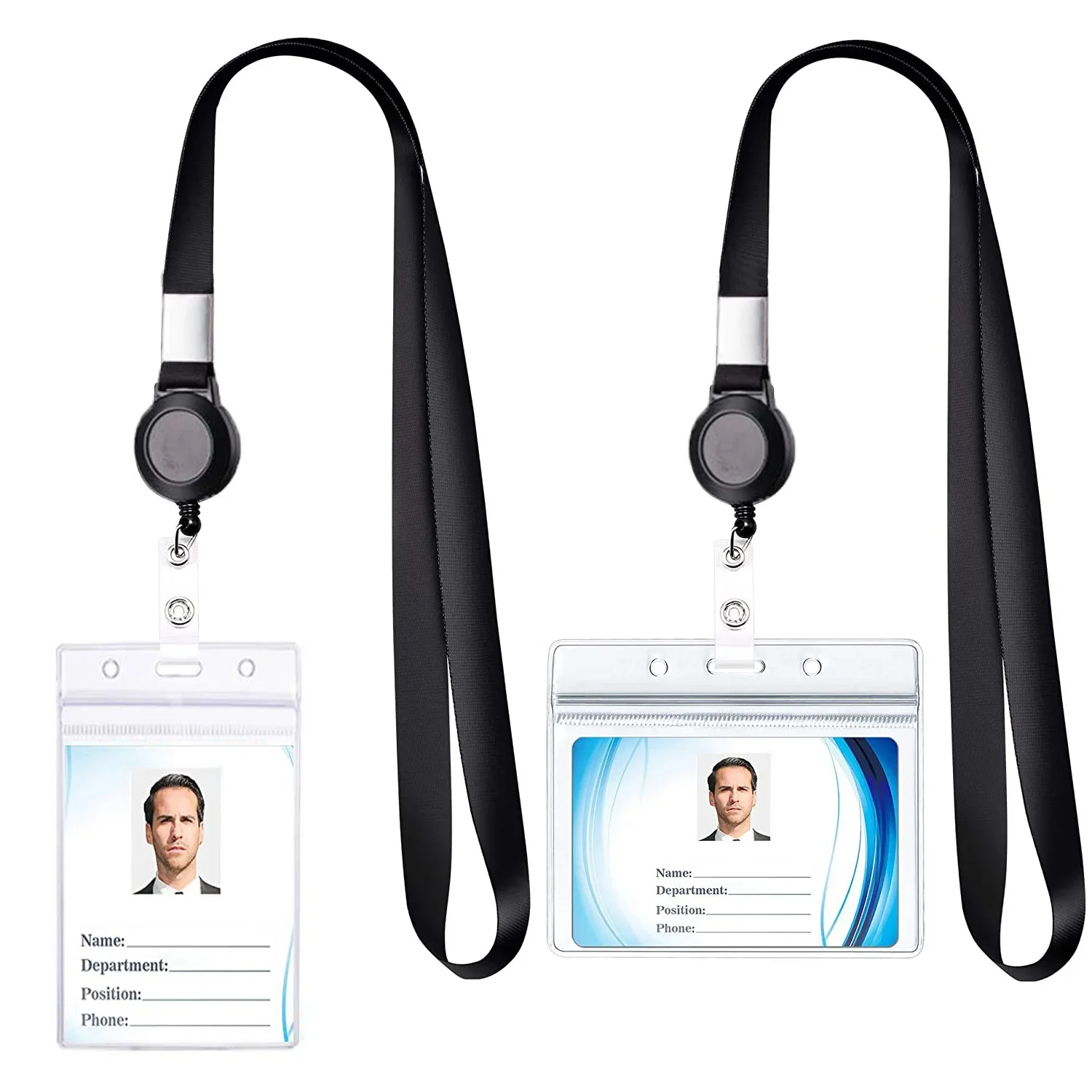 Carrete de insignia retráctil, correa para el cuello, cordón con cubierta de tarjeta para tarjeta de identificación, llave de teléfono móvil, tarjeta de trabajo para personal de empleado, correa de cuerda para insignia