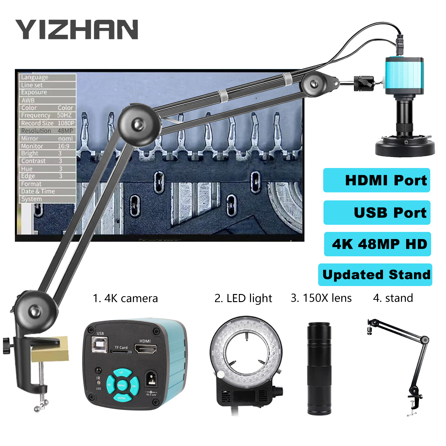Microscopio Industrial Yizhan 1080P 4K HD para microscopio de soldadura 48MP HDMI VGA USB cámara de microscopio Digital soporte de brazo actualizado
