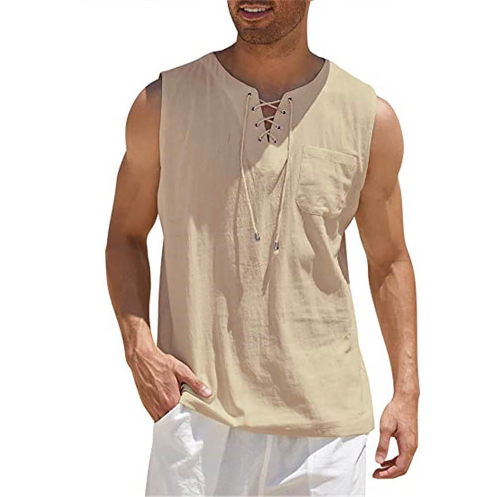 Camisas Casuais dos homens Sem Mangas Colete Bandage Lace Up Blusa Retro V Neck Moda Camisa Solta Masculino Roupas de Cor Sólida