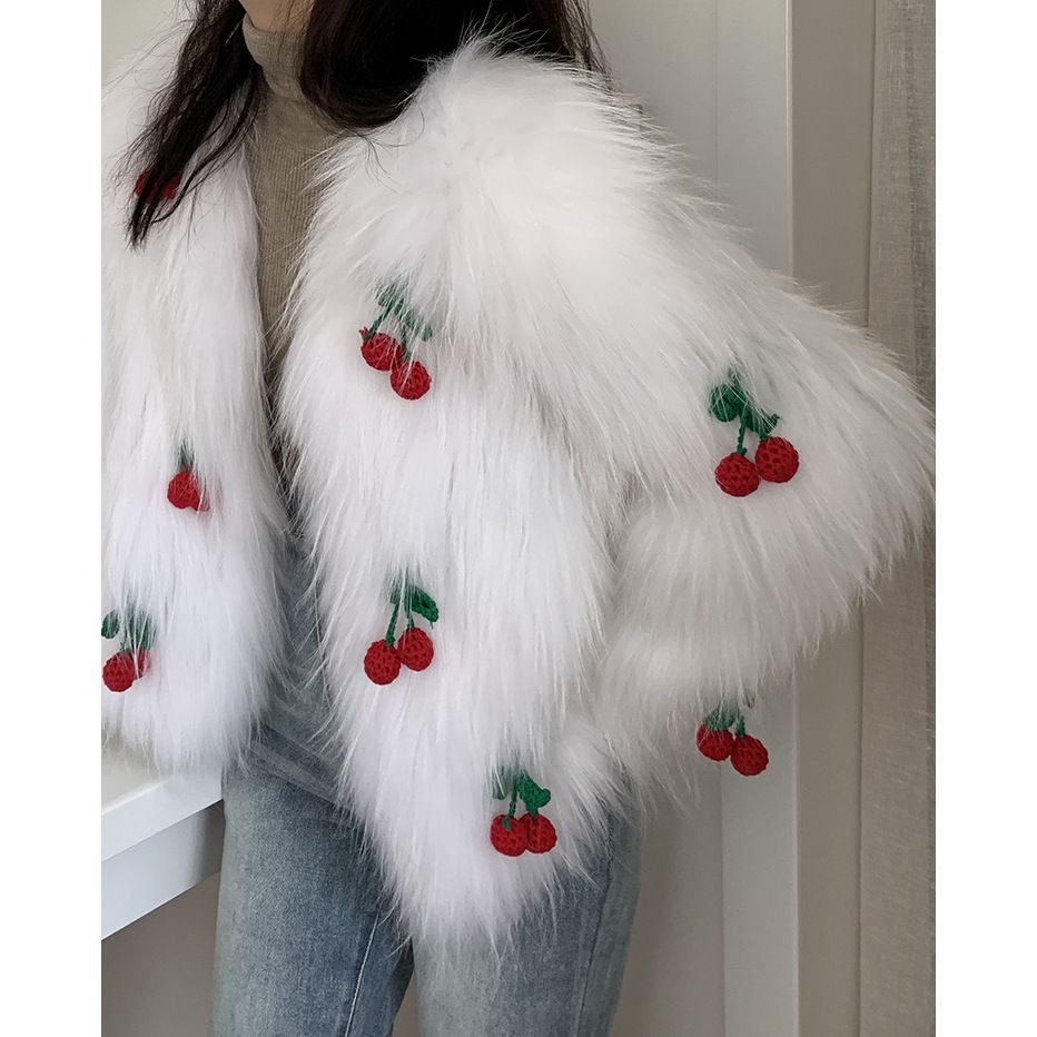 Herbst Winter Gestrickte 3D Kirsche Faux Waschbären Pelzmantel Strickjacke Süße Imitation Fuchs Pelz Flauschige Jacke Langarm Streetwear Tops