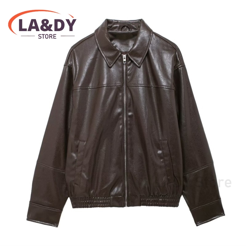 Chaqueta de cuero para mujer, abrigo informal de manga larga con bolsillos y cremallera de solapa a la moda para otoño 2024
