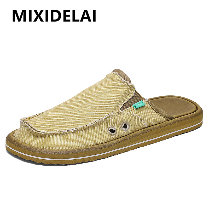 Homens metade chinelos antiderrapantes sapatos de lona casuais masculinos leves chinelos planos respirável moda deslizamento em apartamentos ao ar livre