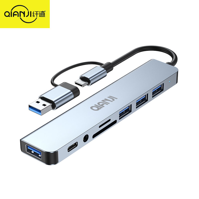 HUB USB 8 w 2 z czytnikiem kart rozdzielających, portem USB C, USB 3.0 / 2.0, czytnikiem kart rozdzielających SD/TF, stacją dokującą
