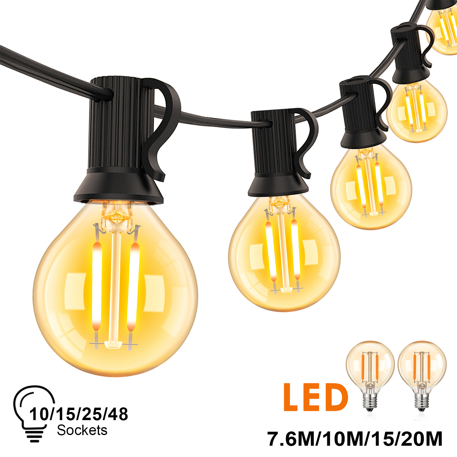 Guirnalda de luces LED para decoración de exteriores G40, 1,5 W, globo, bombilla de cristal ámbar, guirnalda regulable, adorno, calle, Patio, fiesta, luces colgantes