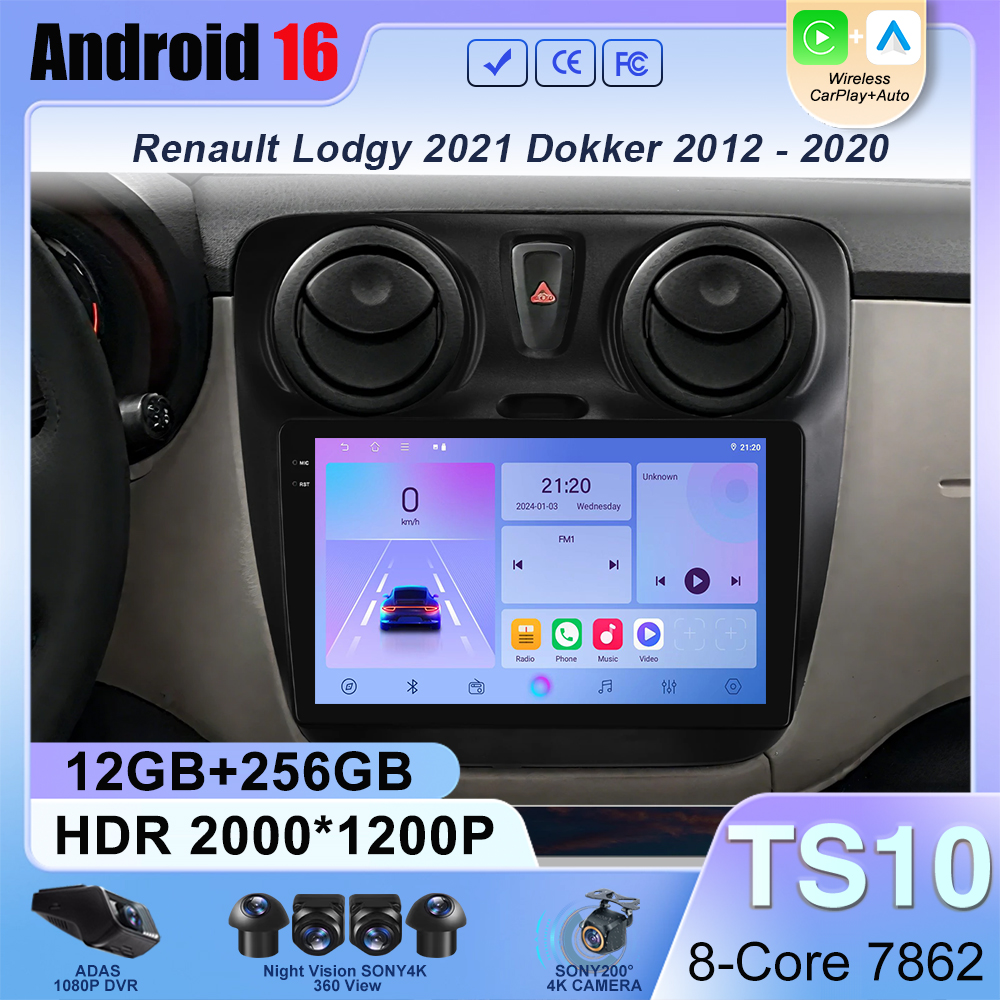 Android16 dla Renault Lodgy 2021 Dokker 2012 - 2020 Radio samochodowe Bezprzewodowy Carplay Stereo Head Unit Odtwarzacz Multimedialny Nawigacja GPS