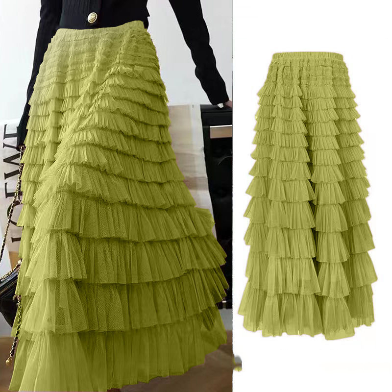 Verão primavera feminino multicamadas babados tule saia plissada cintura alta fofo maxi saia bolo de fadas vestido longo tutu festa saia