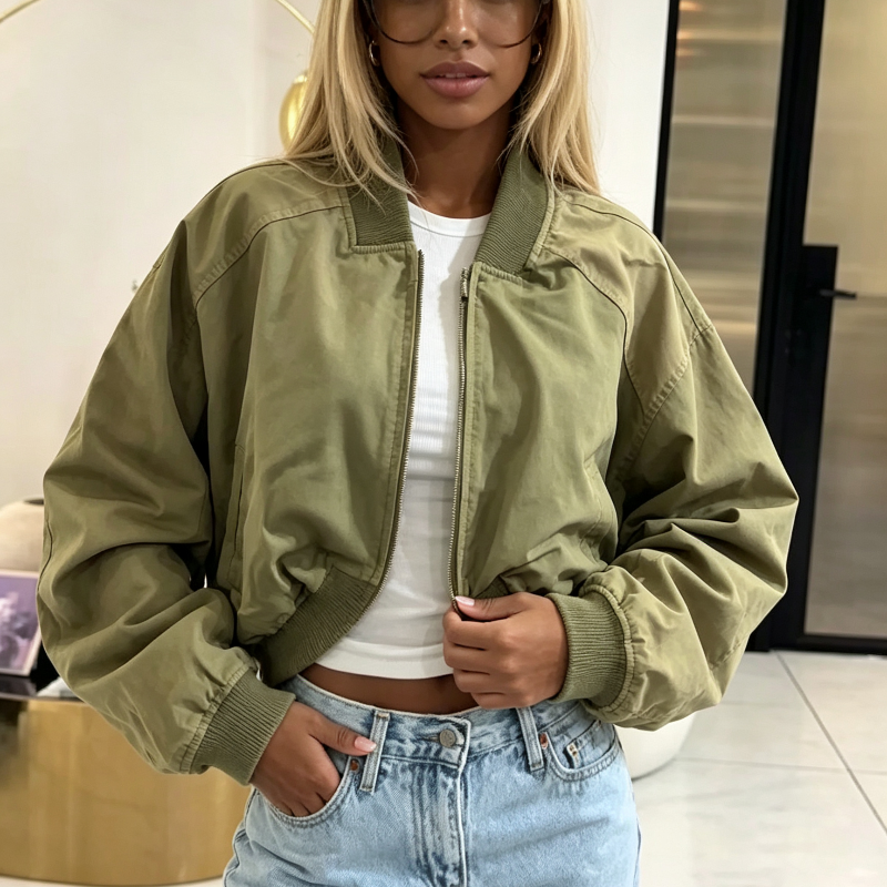 Women Color‑Block Bomber Jacket Ribbed Collar Zip‑Up Batwing Sleeve Side Pockets Oversized Coart Office Street Casual Outerwear