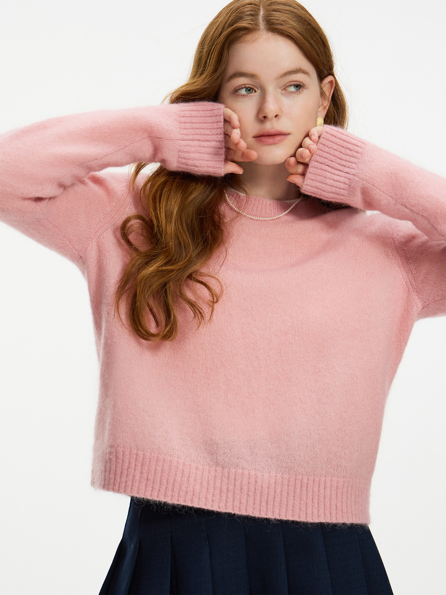 FSLE 30.9% Wool 32.4% Mohair Two-color Pullover Sweater 2024 Winter New Design Round Neck Peplum Knitwear For Women 24FS14184