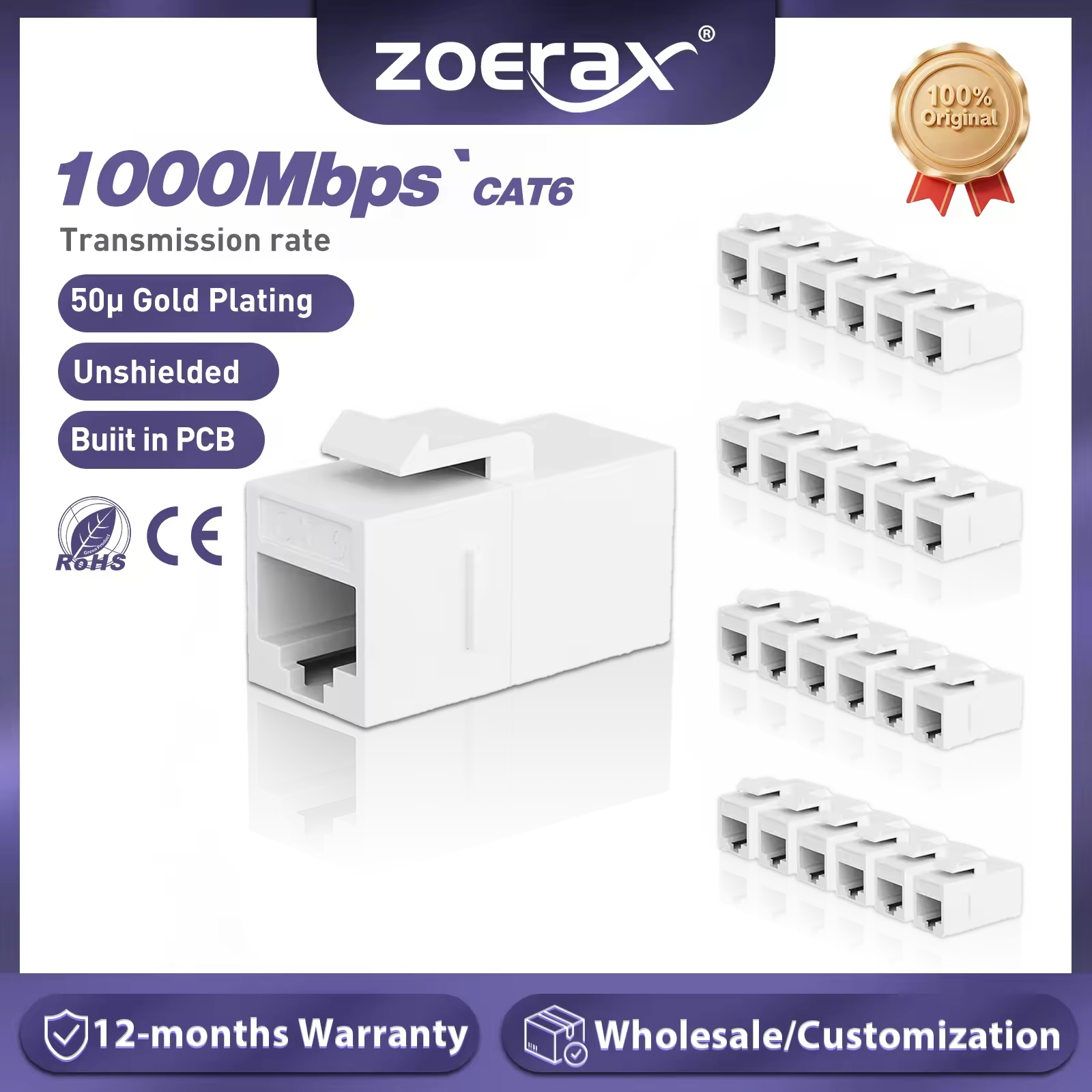 ZoeRax RJ45 CAT6 Keystone-Koppler, Buchse auf Buchse, Einsatz-Koppler, UTP CAT6 Keystone-Inline-Koppler, Weiß