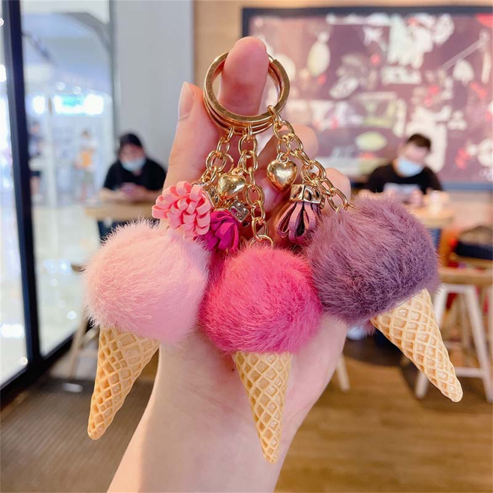 1pc moda bonito mini sorvete chaveiro com borla estudante fofo pom pom veludo chaveiro de pelúcia para meninas saco decoração presente