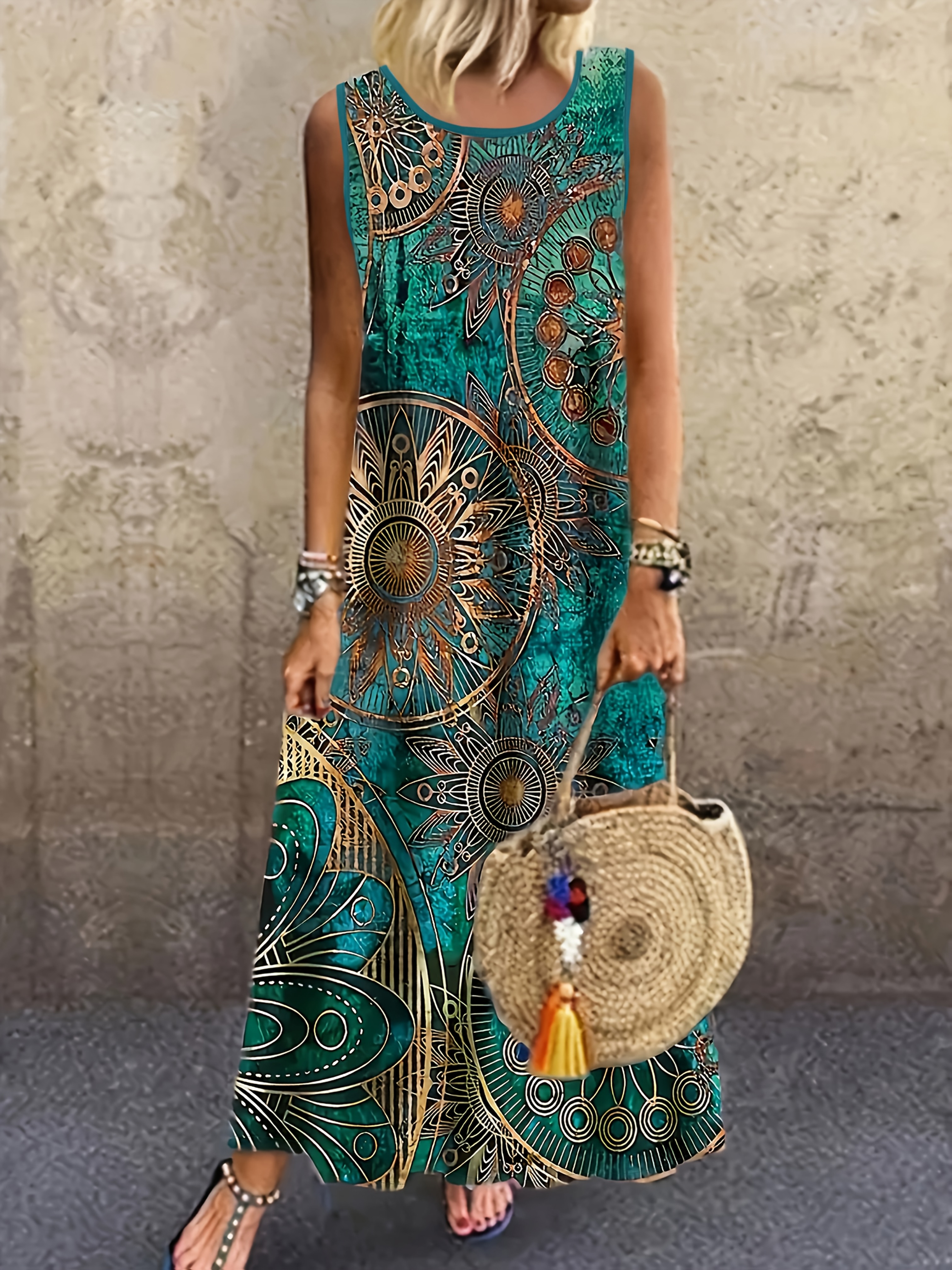 Vestido Casual Feminino com Decote Redondo Sem Mangas, Estampa Paisley, Estilo Boêmio, Tendência, Decote em V, Comprimento até o Tornozelo
