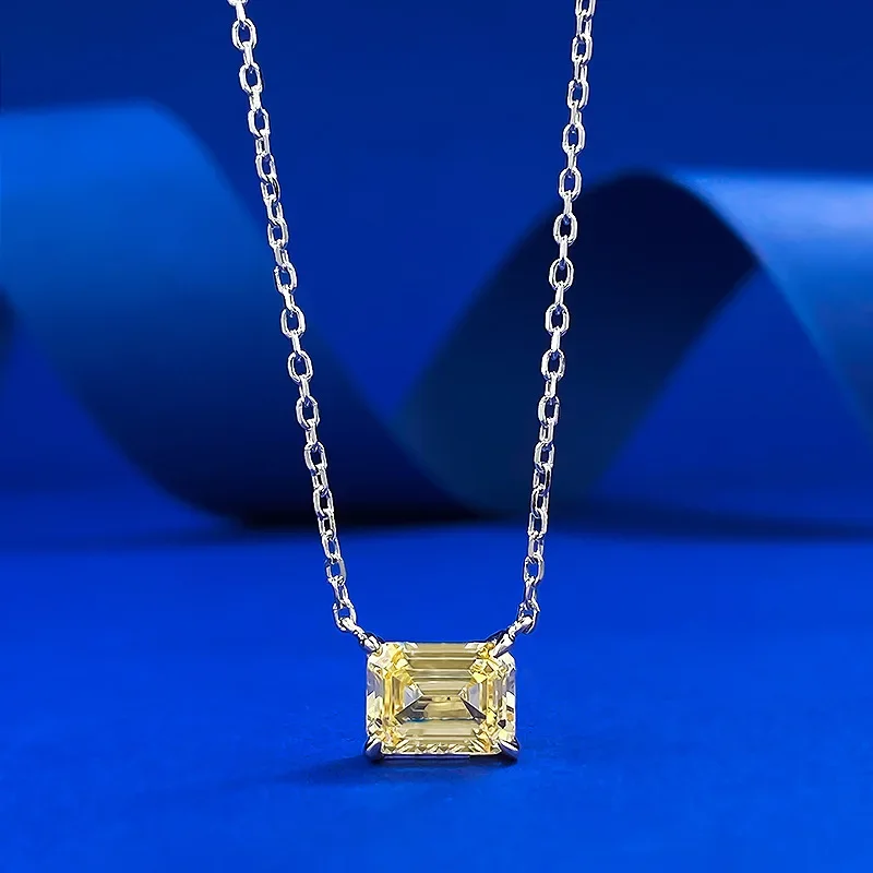 S925 Perak 6*8 persegi gula kuning berlian tinggi karbon kalung berlian liontin mode untuk wanita 40 + 5cm perhiasan
