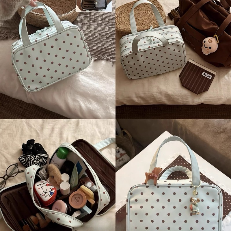 Tas Makeup Genggam Wanita Motif Polkadot Baru Kapasitas Besar 3-Lapisan dengan Partisi, Organizer Perlengkapan Mandi untuk Perjalanan, Tempat Penyimpanan Skincare dan Kuas Kosmetik