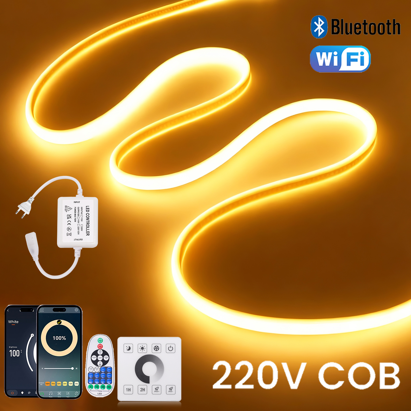 Fita de LED Neon Dimmable 220V com Wi-Fi e Bluetooth, Kit de Alimentação com Controle Remoto de 23 Teclas e Sensor de Toque de Parede, À Prova D'água, 288 LEDs/M, Lâmpada Flexível para Decoração Doméstica