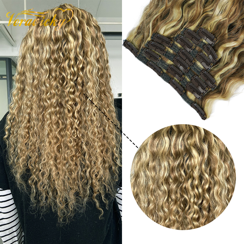 Veravicky 200G/10 Stuks Set Piano Kleur Natuurlijke Krullende Clip In Hair Extensions Machine Gemaakt Echt Menselijk Haar Volledige Hoofd Clip Ins