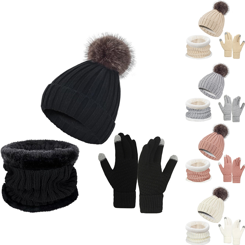 Mütze Schal Touchscreen Handschuhe Dreiteiliges Set Winter Strickmütze Verdicktes warmes Set