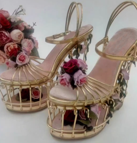 Summer Fashion 3D Flower Embellished Cut-outs Bird Cage Wedge Sandals Women Thick Platform Strange Fretwork Heels Runway Shoes