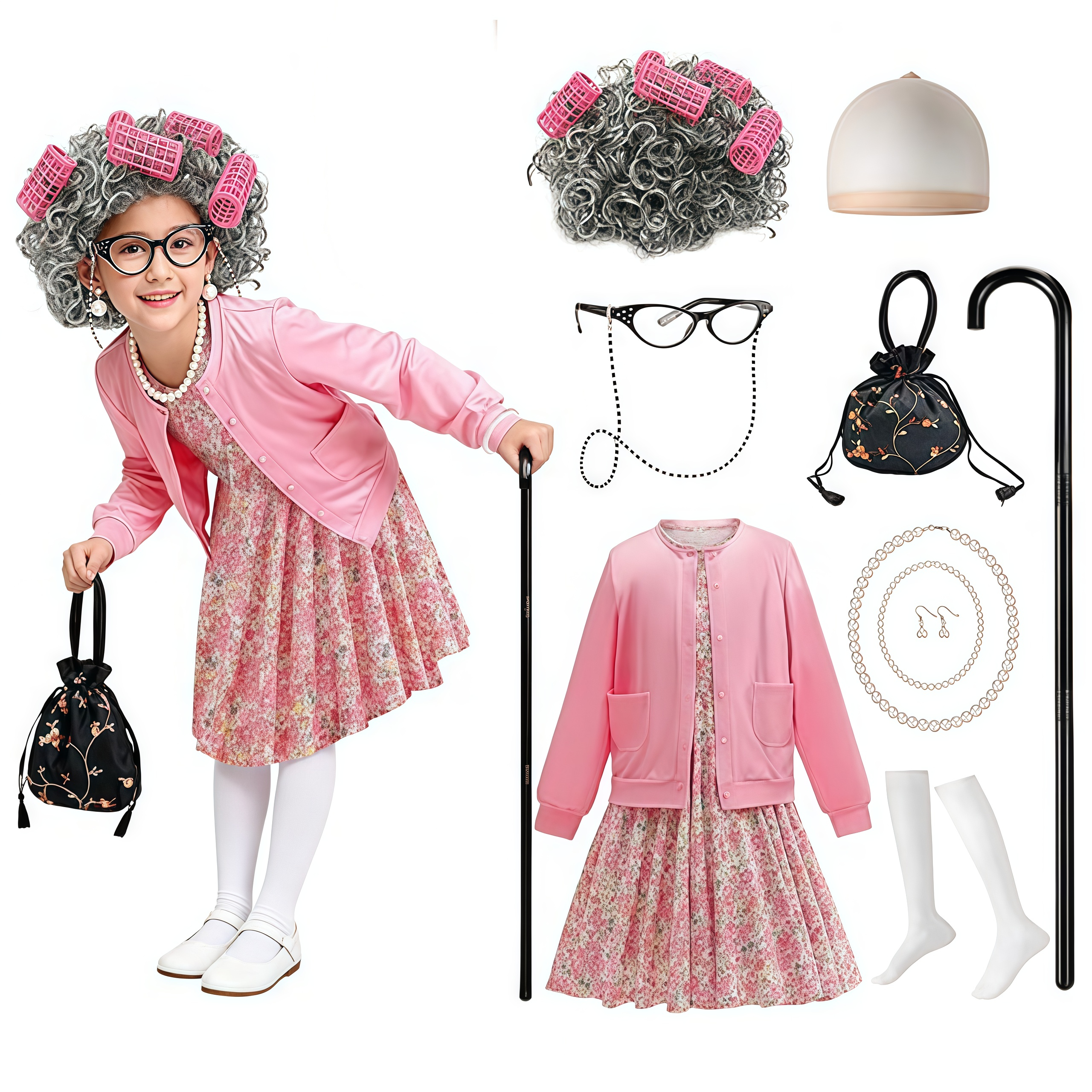 Meninas 100th dia de escola traje velha senhora avó vestir-se acessórios conjunto para crianças desempenho halloween carnaval roleplay