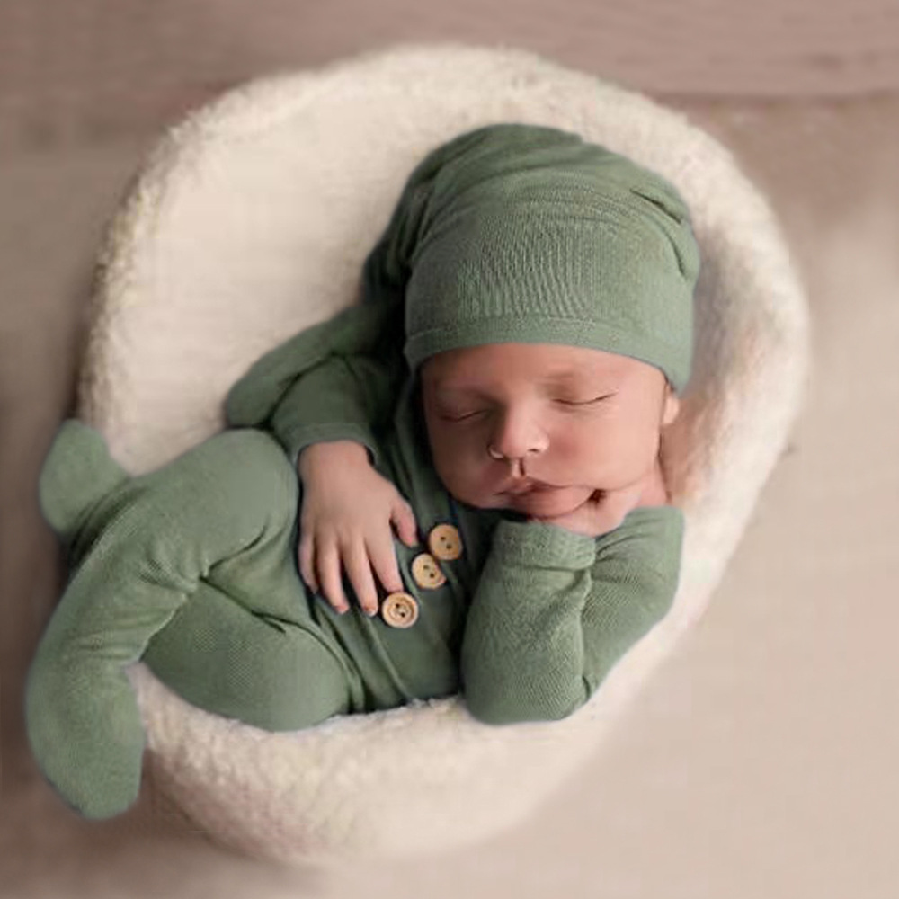 Ylsteed pasgeboren fotografie rekwisieten knoppen footed jumpsuit met slaperige hoed baby foto rekwisieten pic idee