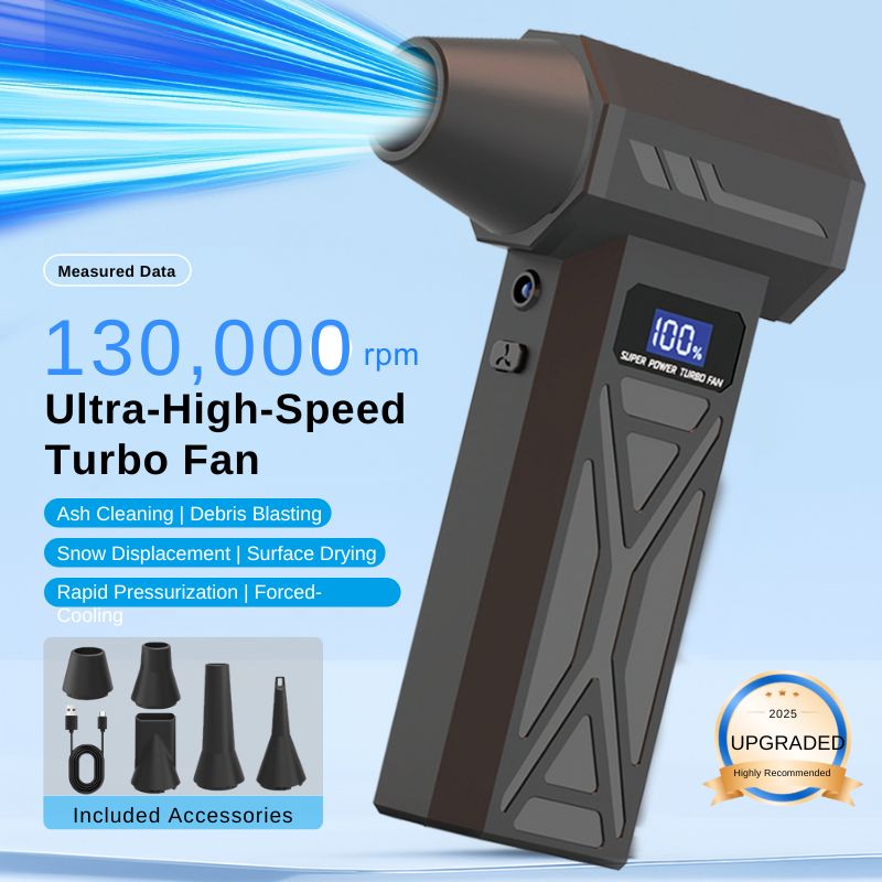 Ventilador Turbo de 130.000 RPM, 5 Bicos & USB-C, Soprador de Ar Multiuso para Carro/Eletroeletrônicos/Churrasco, Duster de Ar Portátil, Presente Ideal para o Natal