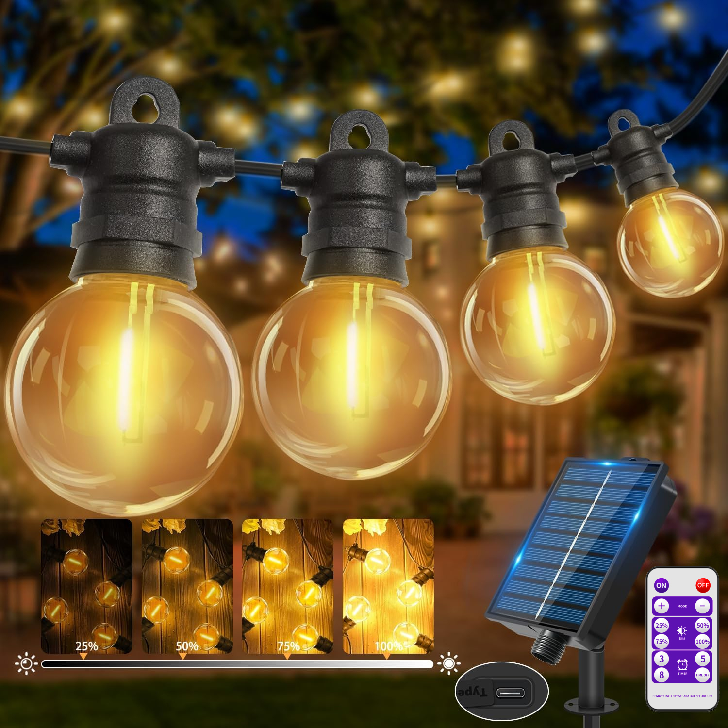 20/25/30 LED Sola G40 Glühbirnen Solar-Lichterkette für Außenbereich mit Fernbedienung 8 Modi Solar-Lichterkette