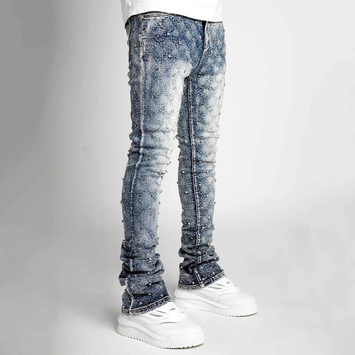 Hommes Denim mode individualiste jambe droite hommes pantalon mode européenne et américaine élastique perle Denim couches pantalons longs