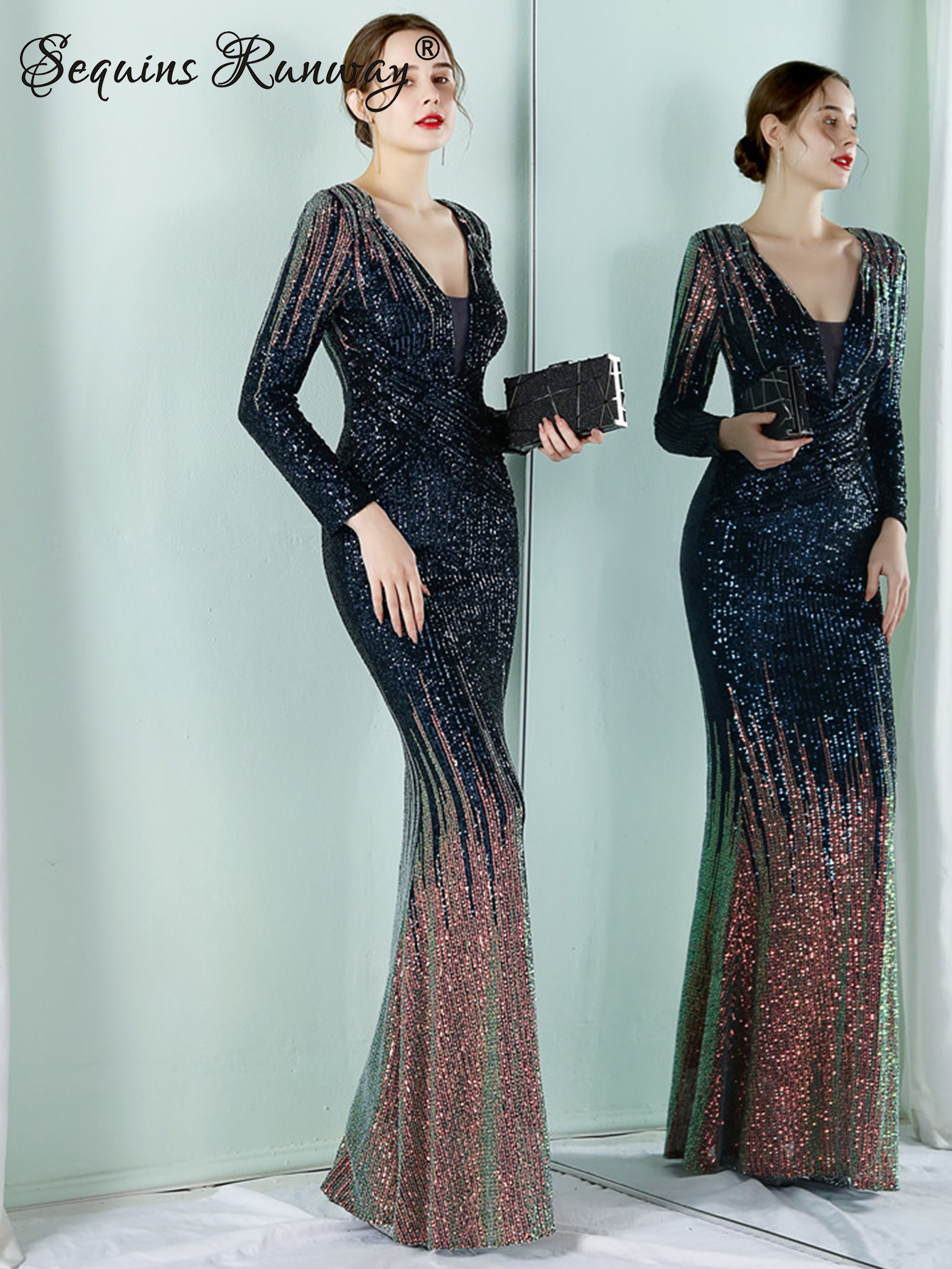 Seksowna sukienka maxi z cekinami w stylu vintage, damska elegancka, luksusowa suknia ślubna z długim rękawem, wieczorowe sukienki urodzinowe Vestido
