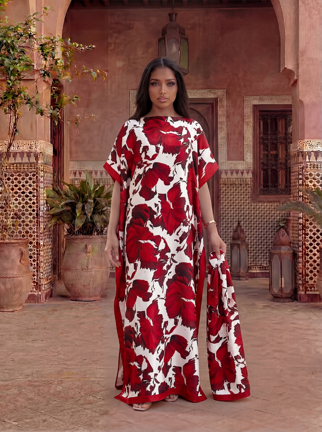 Big Lotus Leaf Print Satin Abaya With Scarf, Loose Maxi Kaftan For Muslim Women Summer Beach Wear