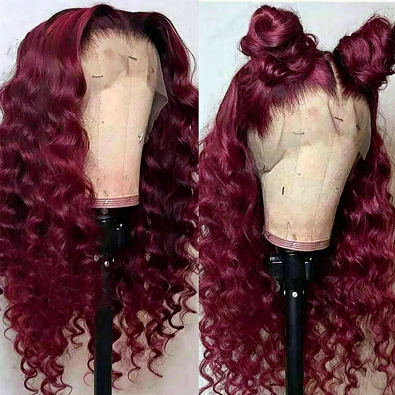 Perruques Lace Front 13x4 HD Transparentes 250% densité, Cheveux Humains, Ondulation Lâche, Ondulation Profonde, Bouclée Profonde, Couleur Bourgogne 99J, Pré-épilées pour Femmes